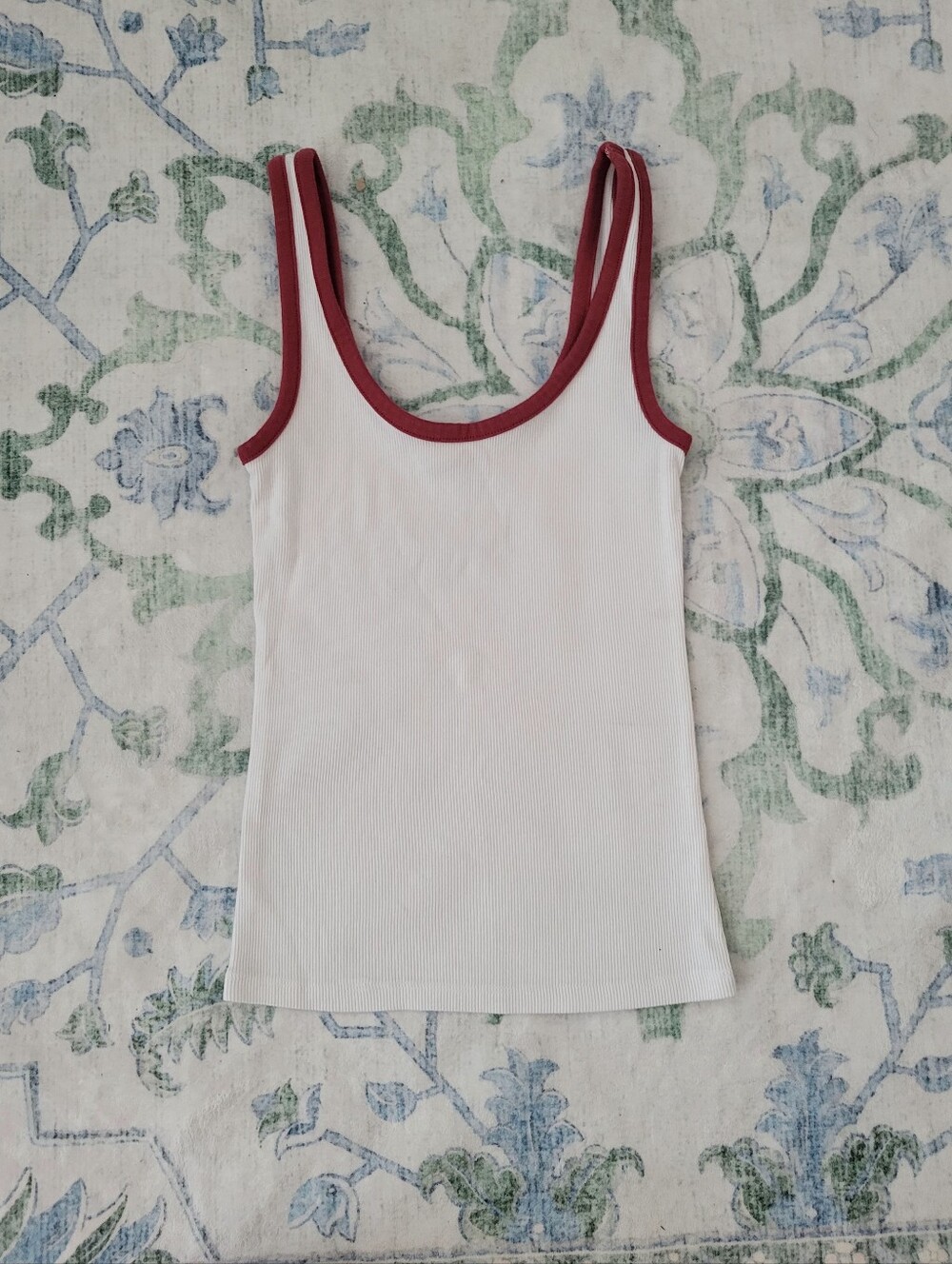 aerie White Ribbed Tank with Burgundy Trim